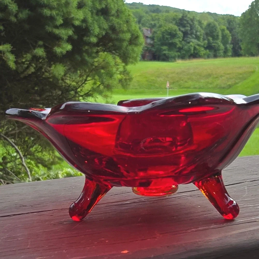 Vintage Ruby Red Glass 3 Footed Candle Holder Dish Scalloped Petal Rim